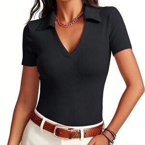 Black Short Sleeve V-Neck Top Collared Women Sz Medium Stretchy Casual Office